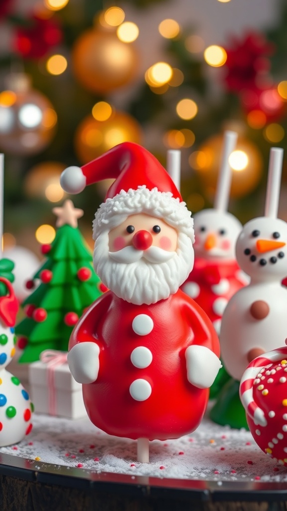 A variety of 3D Christmas cake pops shaped like Santa, snowmen, and trees, decorated with colorful candy melts and festive designs.
